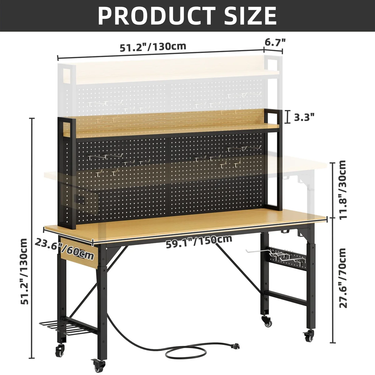 DWVO Tool Cart, Workbench Adjustable Height Work Bench For Garage Oak Plank & Carbon Steel Heavy Duty Workbench 2000lbs Weight Capacity Bench top 5740