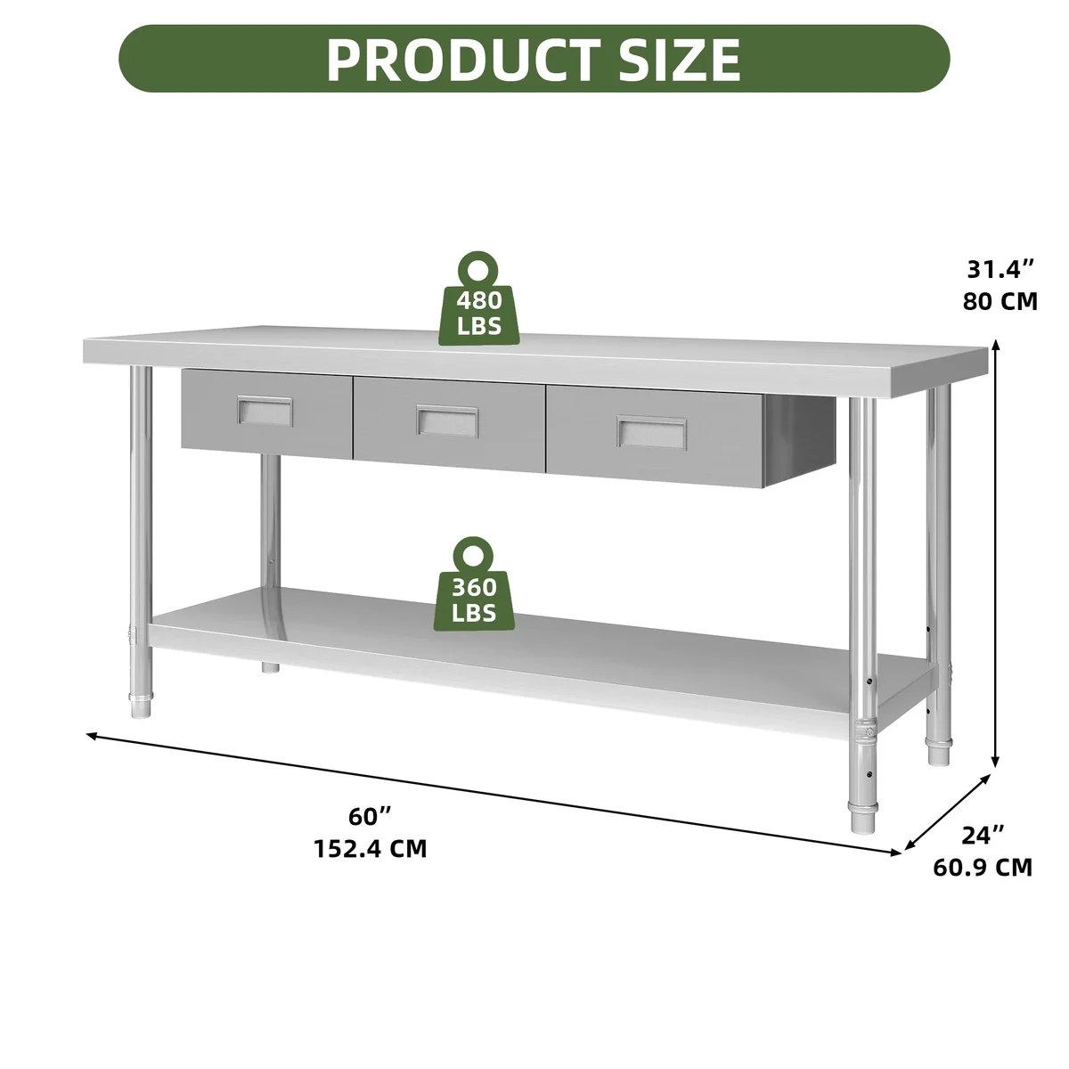 Uforic 2-Tier NSF Stainless Steel Work Table 60", 3 Drawers, Adjustable Kitchen Storage, Commercial Heavy-Duty Prep Table for Professional, Home  1515