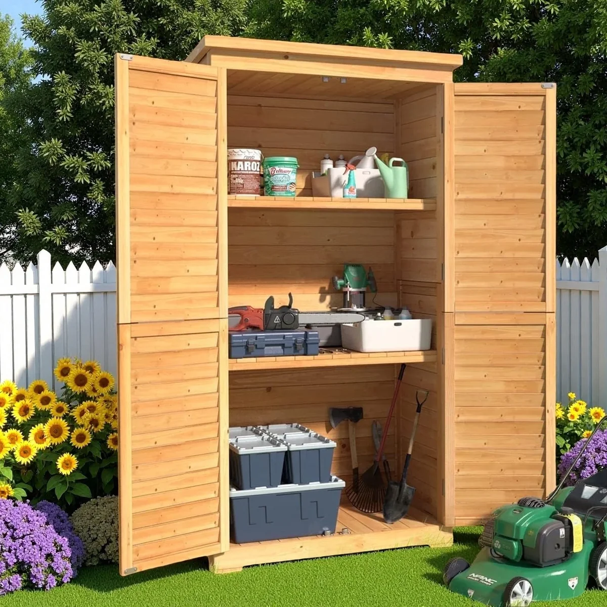Lofka 63.2" Outdoor Storage Cabinet, Lofka  Lockable Doors Garden shed with Adjustable Shelves| Asphalt Roof| Ventilate Shutter, Wood Shed with Large S 6879