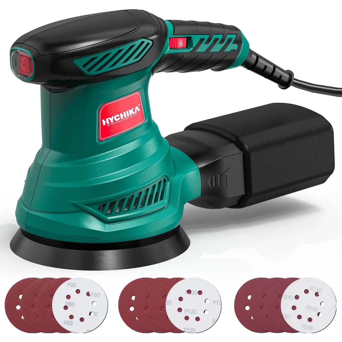 HYCHIKA 5-inch Random Orbital Sander, 13000 RPM 6-Speed with 12 Sandpapers & High Performance Dust Collection System for Wood Finishing and Polis 9534