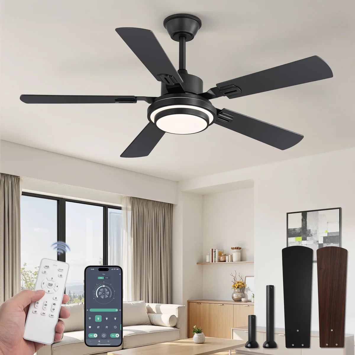 Zardon 48in Ceiling Fans with Light and Remote Control, Modern Low Profile Ceiling Fans with Reversible 6 Speeds for Intdoor, Outdoor, Black 1691
