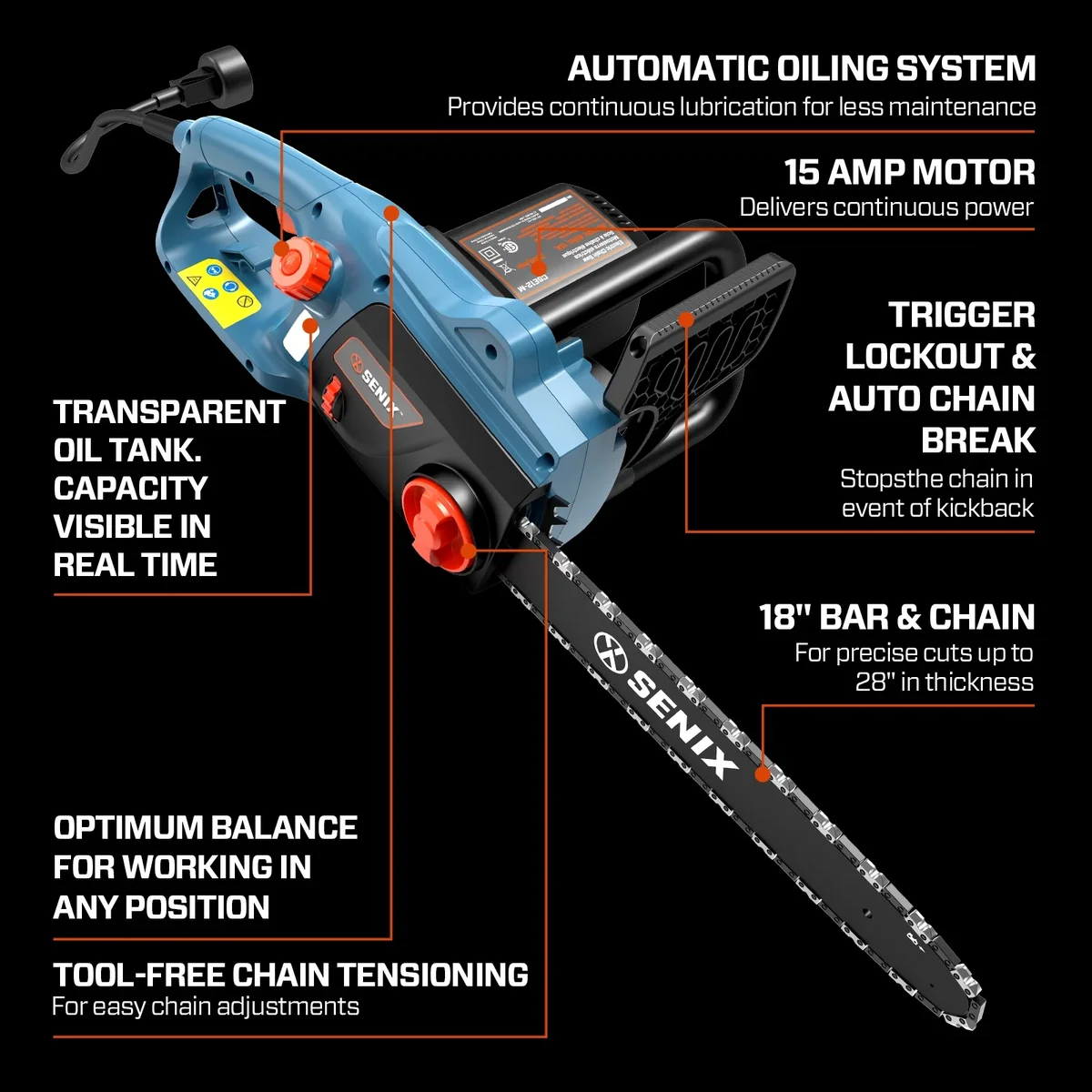 Senix  18-Inch 15Amp Electric Corded Chainsaw, 18-Inch Oregon Bar & Chain, 120V Side Auxiliary Handle, CSE15-M 6411