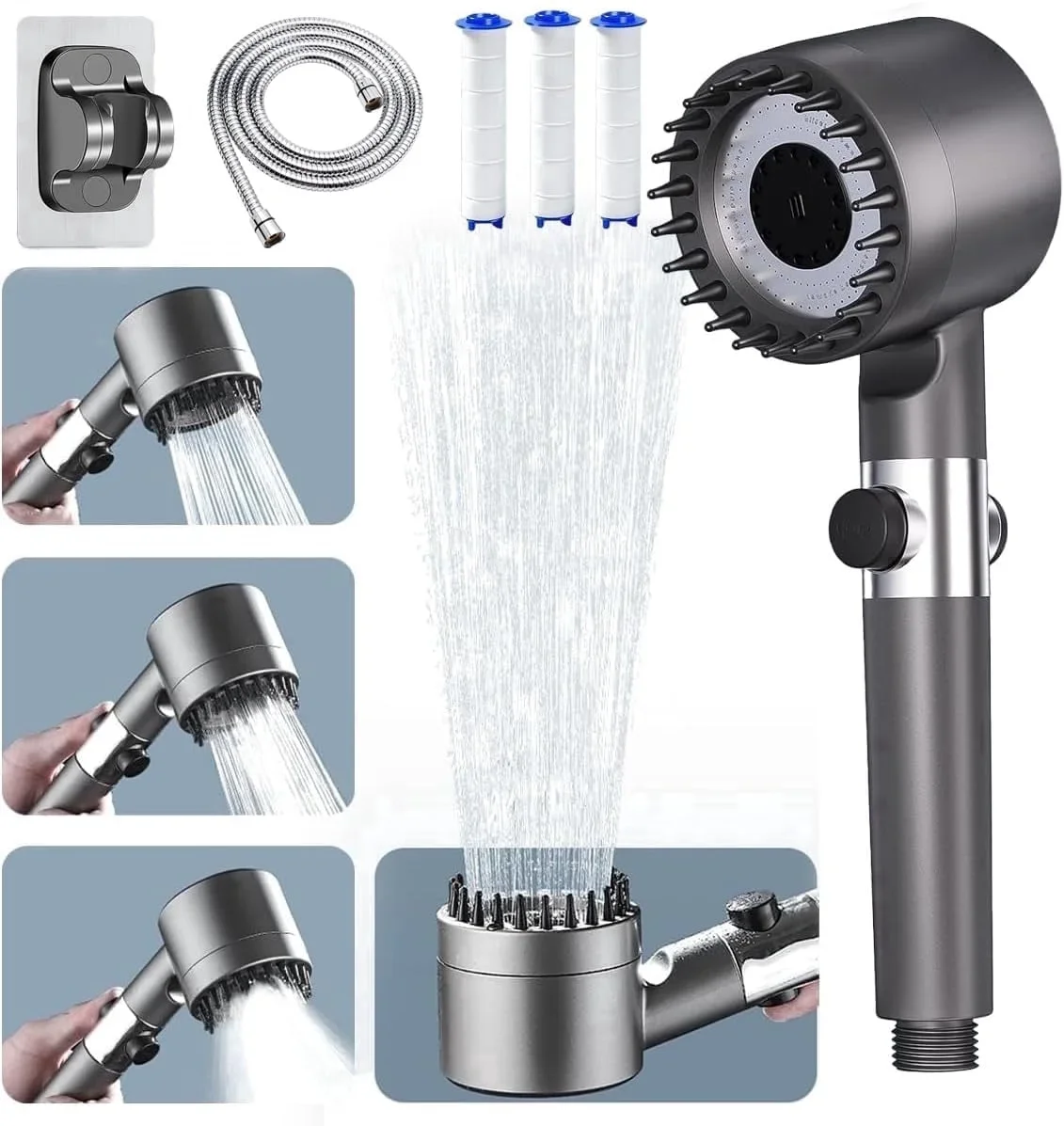 Generic Ion Drops Shower Head, High Pressure Shower Head and Hose Set with 4 Filters, 59‘’ Hose & Bracket, 4 Spray Modes & Pause Switch, Ion Drops Fi 8647