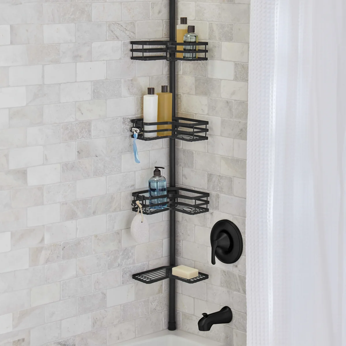 Better Homes & Gardens Matte Black Rust-Resistant Tension Pole Shower Caddy with 3 Adjustable Baskets 1566
