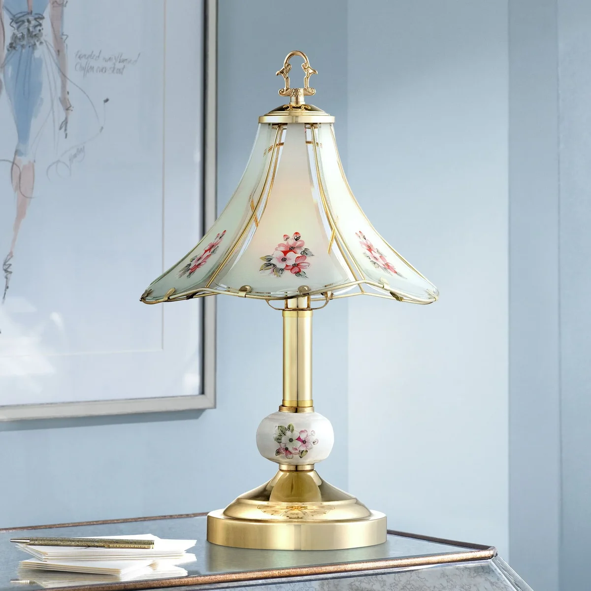 Regency Hill Traditional Accent Table Lamp 16" High Polished Brass Floral Glass Shade Touch On Off for Bedroom House Bedside Home 0154