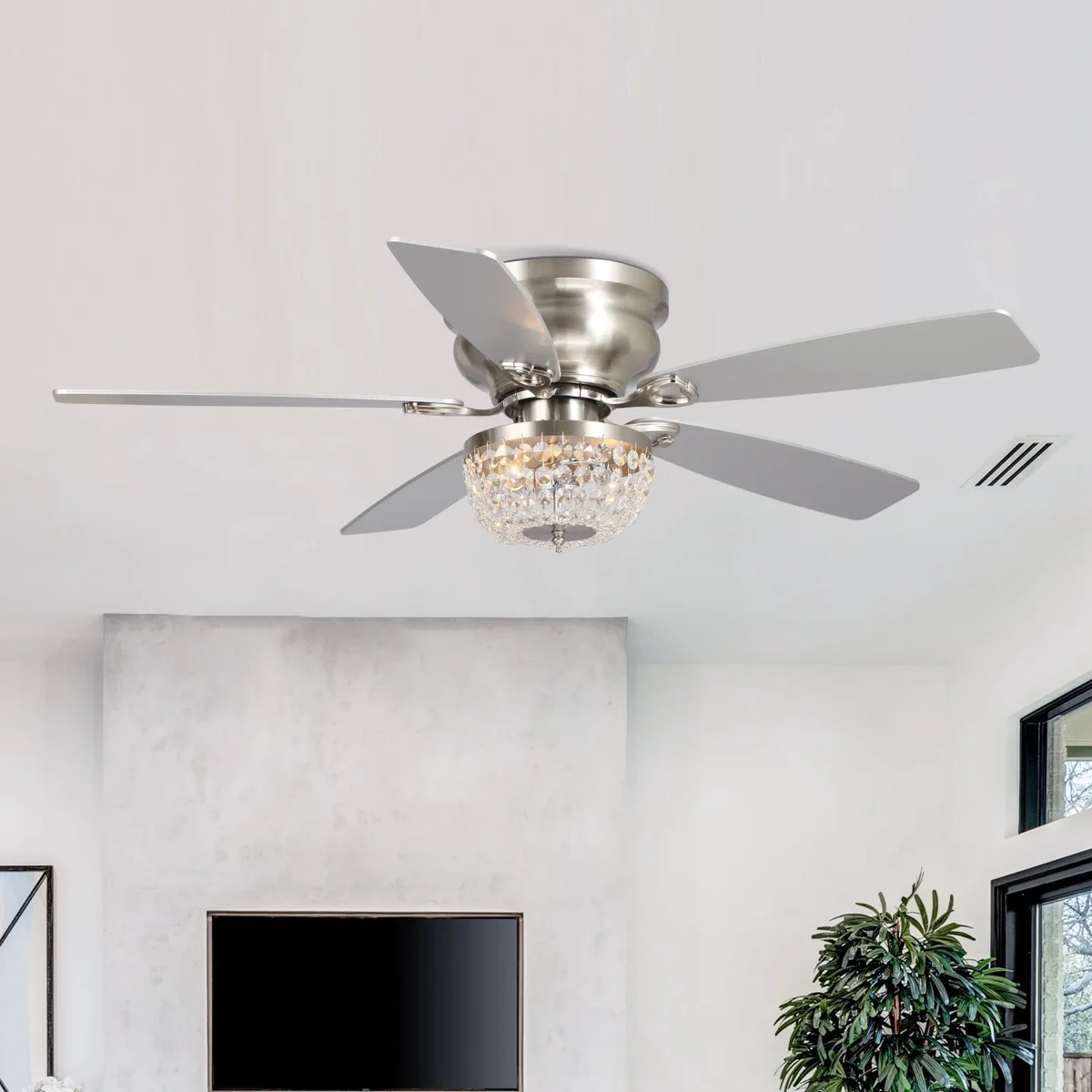 Parrot Uncle Modern 48 inch Brushed Nickel Chandelier Flush Mount Ceiling Fan, Indoor Reverse Fandeliers with Lights and Remote 5020