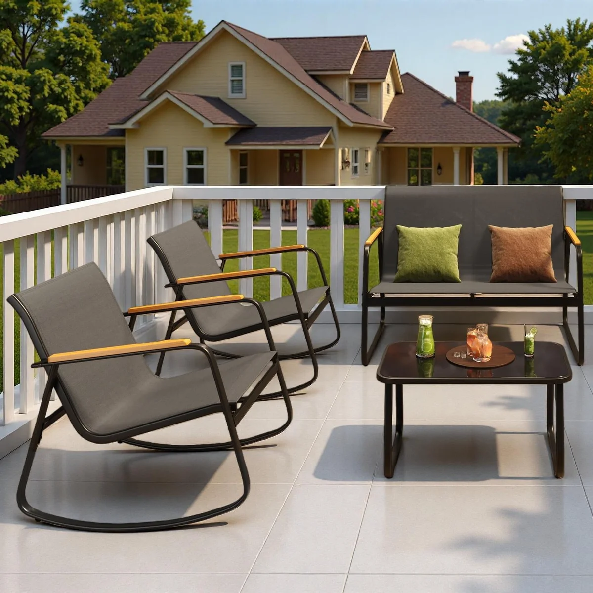 Jolifa Patio Furniture Set, Jolifa 4-Piece Outdoor Conversation Set with Pet Friendly Textilene and Table, Black Metal Frame for Balcony/Poolside 4026