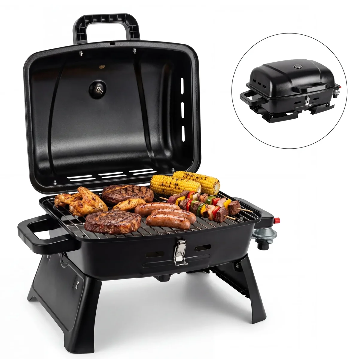 Flintex Portable Propane Gas BBQ Grill with Folding Legs & Locking Lid, Hassle-Free Setup Compact Tabletop Travel Grill for Camping, Tailgating & 9483