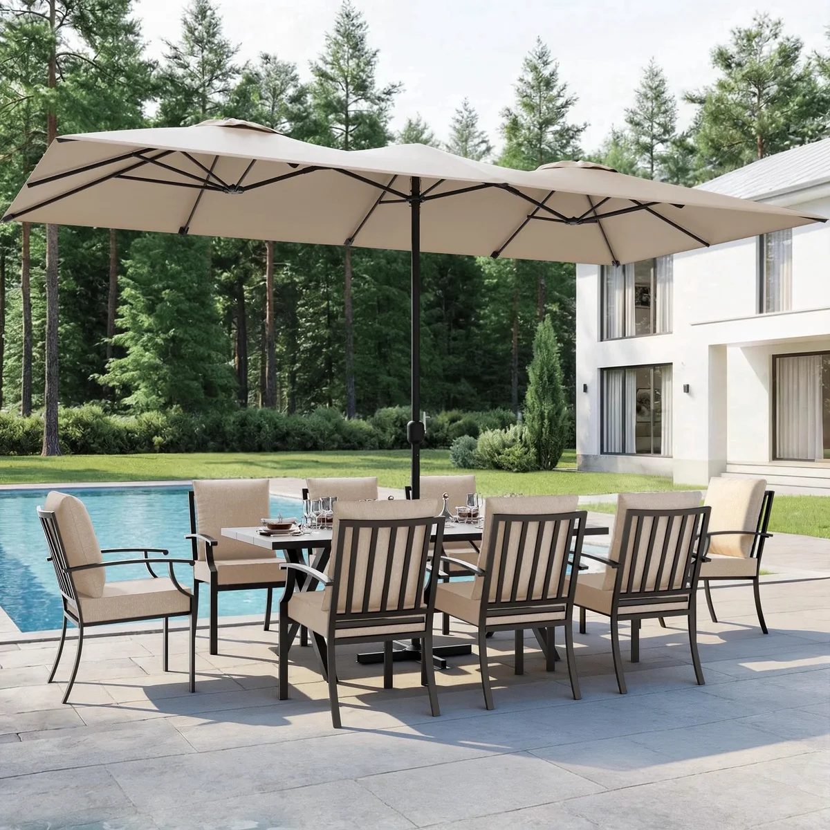 ALAULM 14FT Patio Umbrellas with Cross Base, Outdoor Double-Sided Umbrella Large Rectangle Table Market Umbrella with Crank Handle & Ribs, for Po 7651
