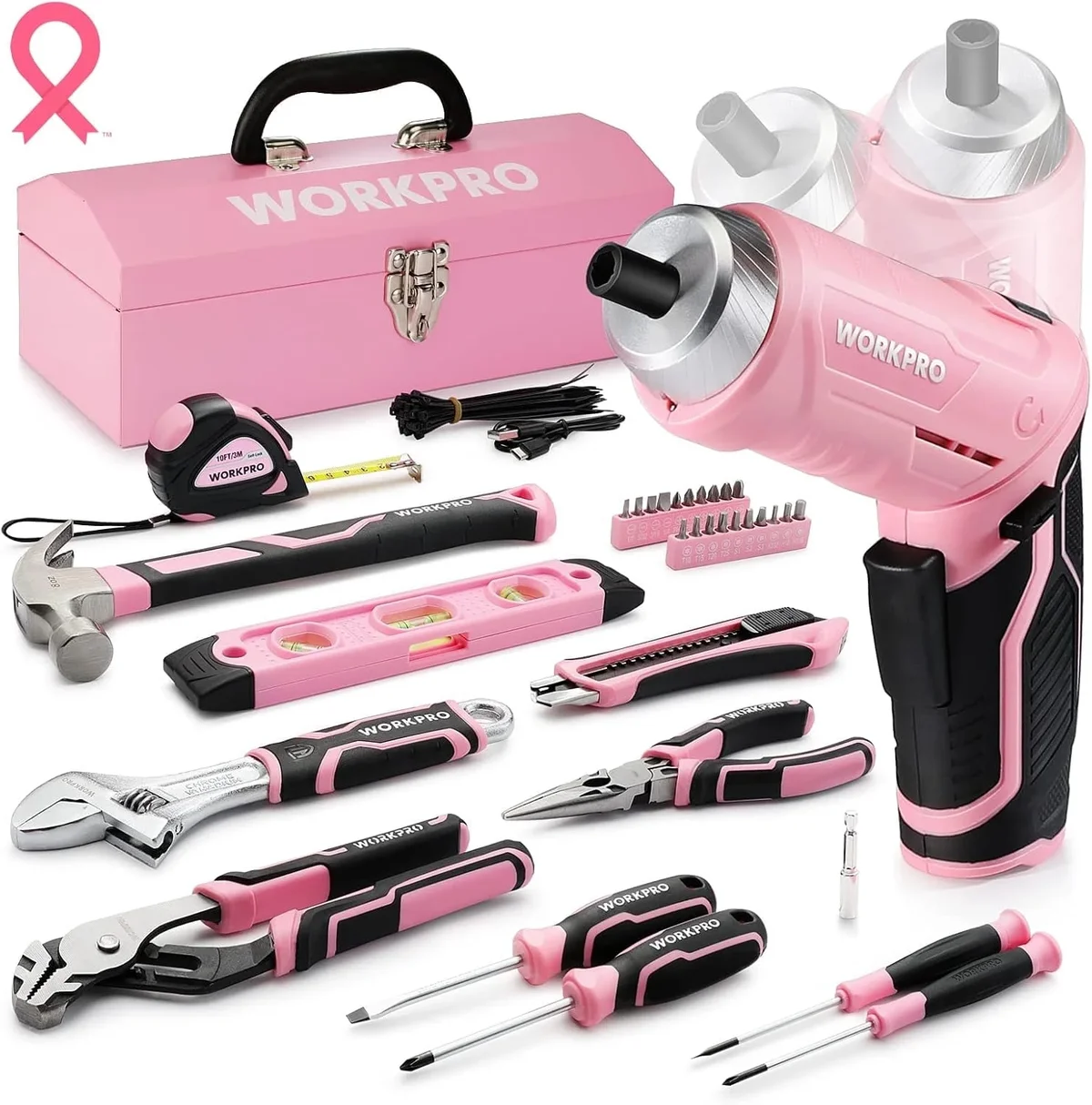 WORKPRO 75-Piece Pink Tool Set with 3.7V Cordless Screwdriver & Portable Steel Toolbox - Home, Garage, Dorm Essentials 1788