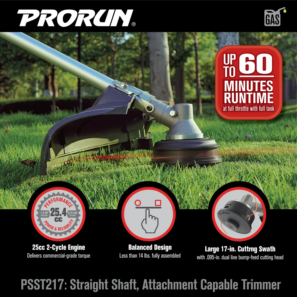PRORUN 25.4cc 17-in. Gas-Powered 2-Cycle Straight Shaft Trimmer 9868