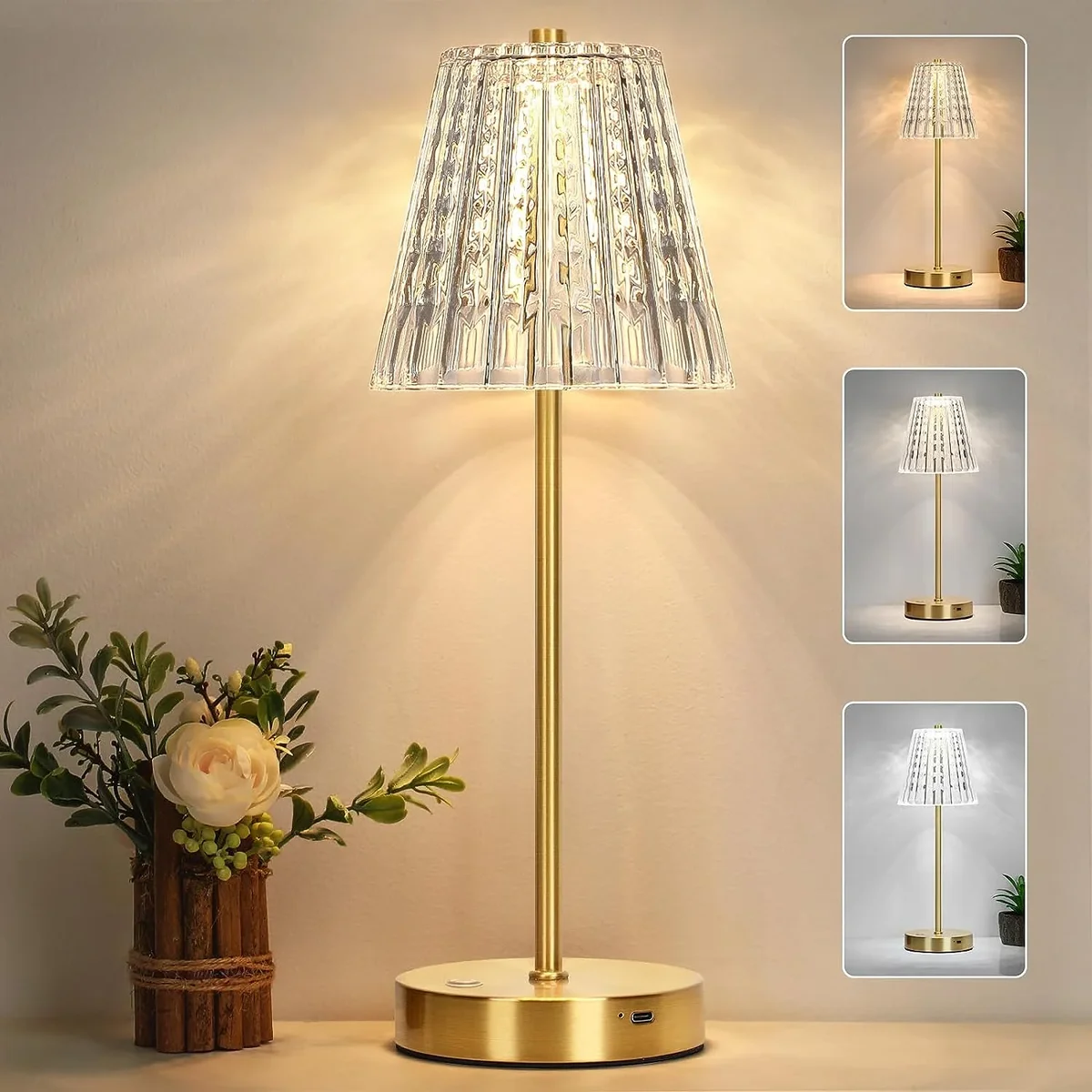 Dcenta Cordless Table Lamp, 3 Color Stepless Dimmable Touch Crystal Bedside Lamp, Rechargeable Battery Powered Small Nightstand Lamp, Desk Lamps for Bed 3573