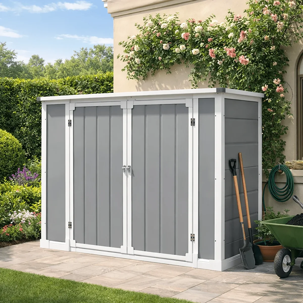 Seizeen Shed and Outdoor Storage, 41 Cu.Ft Small Outdoor Resin Shed with 3 Doors & Floor, 306GAL Deck Box Waterproof Plastic Tool Storage Shed fo 7744