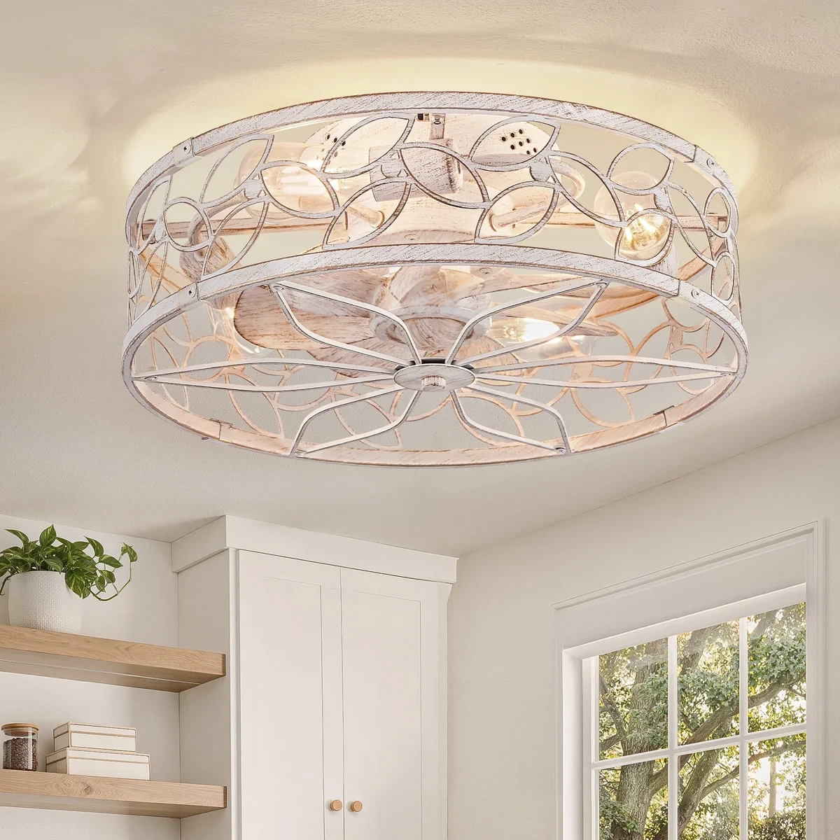 Zardon 18" White Gold Caged Ceiling Fan with Light and Remote Control - Flush Mount Low Profile DC Motor for Bedroom, Kitchen, Dining Room 2411