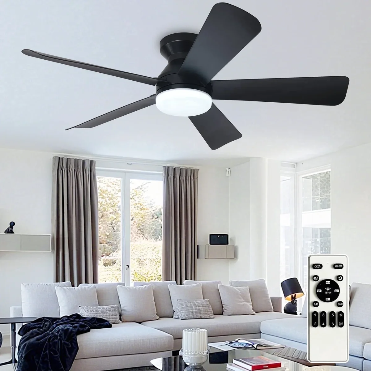 Depuley 42-Inch Low Profile Ceiling Fan with Light - Dimmable LED, 6-Speed and 3 CCT, Quiet DC Motor, Remote Control, 5 Black Blades for Indoor/Outdoor 1313