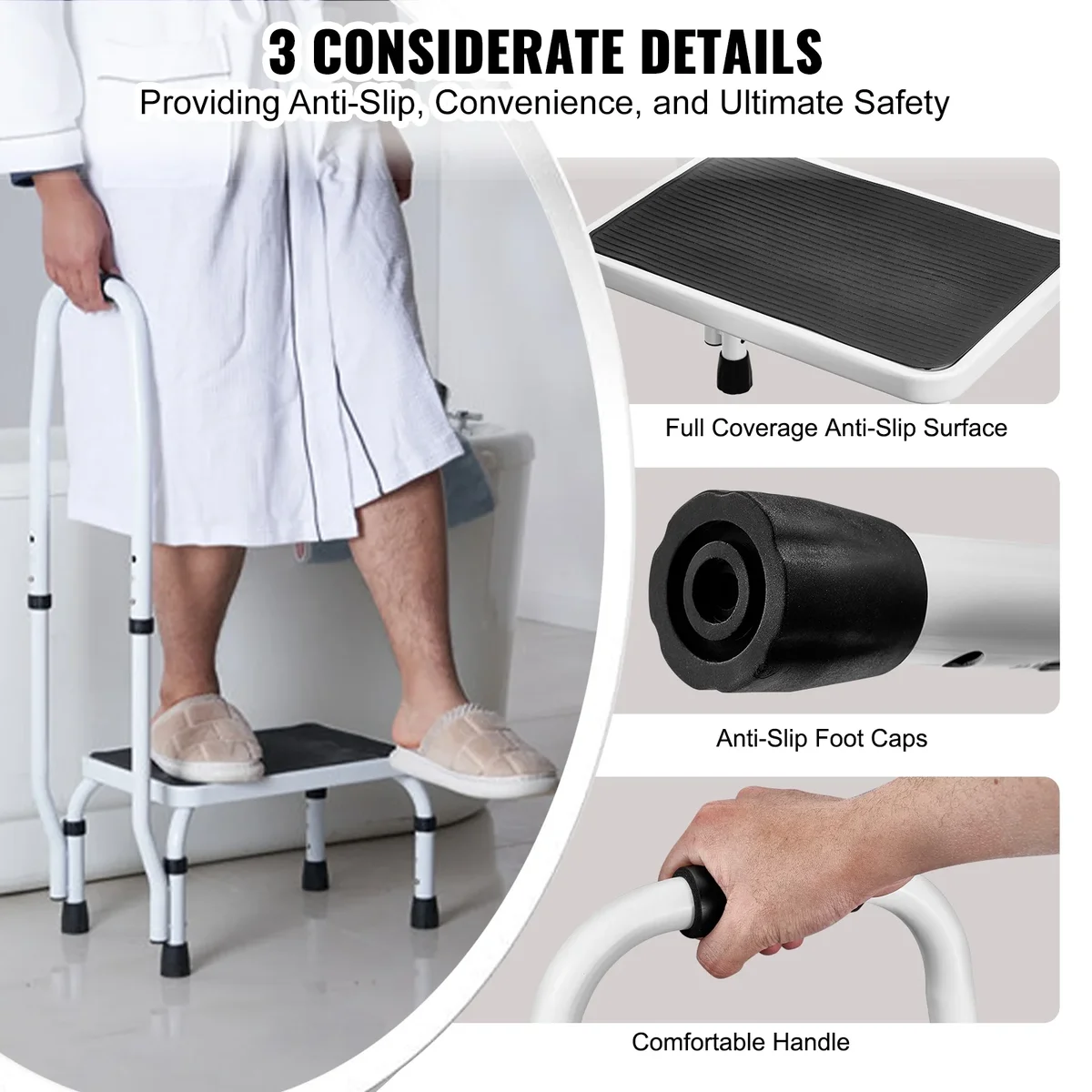 VEVOR Step Stool 1-Step 330lbs Capacity, 3 Adjustable Height with Handle Steel Step Ladder, Portable Step Stools for Adults, Non-Slip Sturdy Step 9475