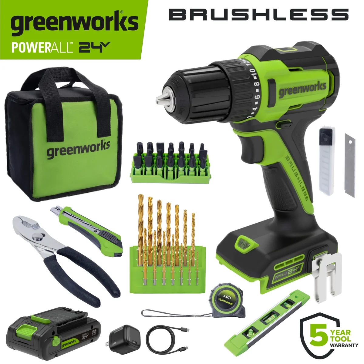 Greenworks PowerAll 24V Brushless 3/8" Drill Driver with 2Ah Battery and Hand Tools, PK301A1 4258
