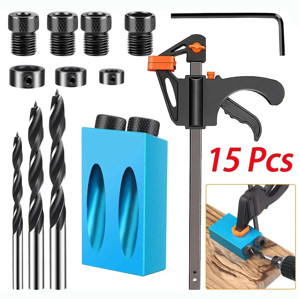 Unbranded 15 Pcs Pocket Hole Jig Kit 15 Degree Angle Drill Guide for Woodworking 3322