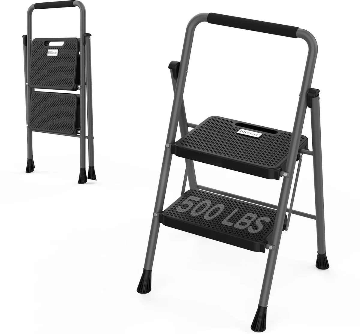HBTower 2 Step Ladder, Folding Step Stool with Wide Anti-Slip Pedal, Sturdy Steel Ladder, Convenient Handgrip, Lightweight 500lbs Portable Steel  2740