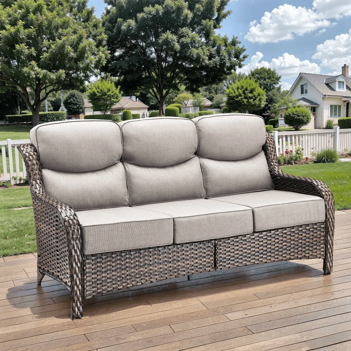 PARKWELL 73" Outdoor Patio High Back Sofa,All-Weather Rattan Oversized 3-Seater Couch with Luxury 6-Inch Thick Cushions,Ideal for Porch Deck Back 6258