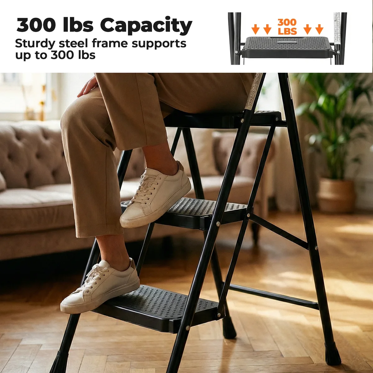 Alvantor 3-Step Ladder, Foldable Step Stool with Safety Lock, Anti-Slip Pedal, 300lbs Capacity 3449