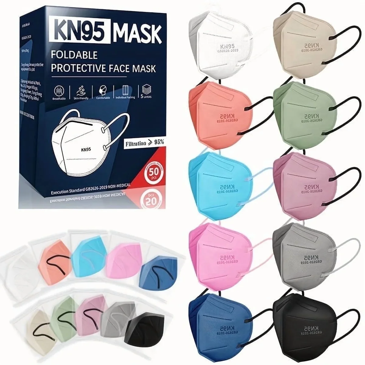 FACEMOON KN95 Face Masks Disposable Adults - 50 Pack 5 Layer Protection Dust Breathable Comfortable Respirator Women KN95 Mask Individually Wrapped 2380