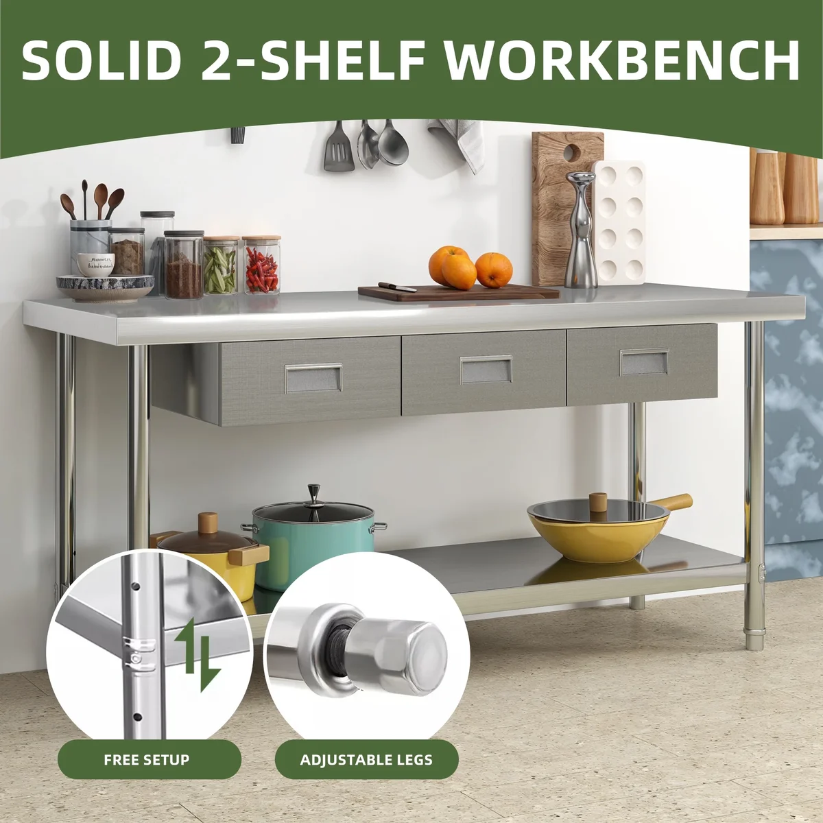 Uforic 2-Tier NSF Stainless Steel Work Table 60", 3 Drawers, Adjustable Kitchen Storage, Commercial Heavy-Duty Prep Table for Professional, Home  1515