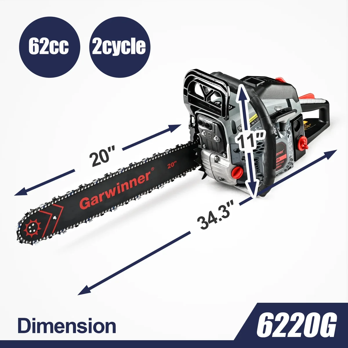 Garwinner Gas Chainsaw 20'' 2-Stroke 62CC Cordless Chainsaw 6220G for Farm, Garden, Ranch, Cutting Wood/Firewood 7405