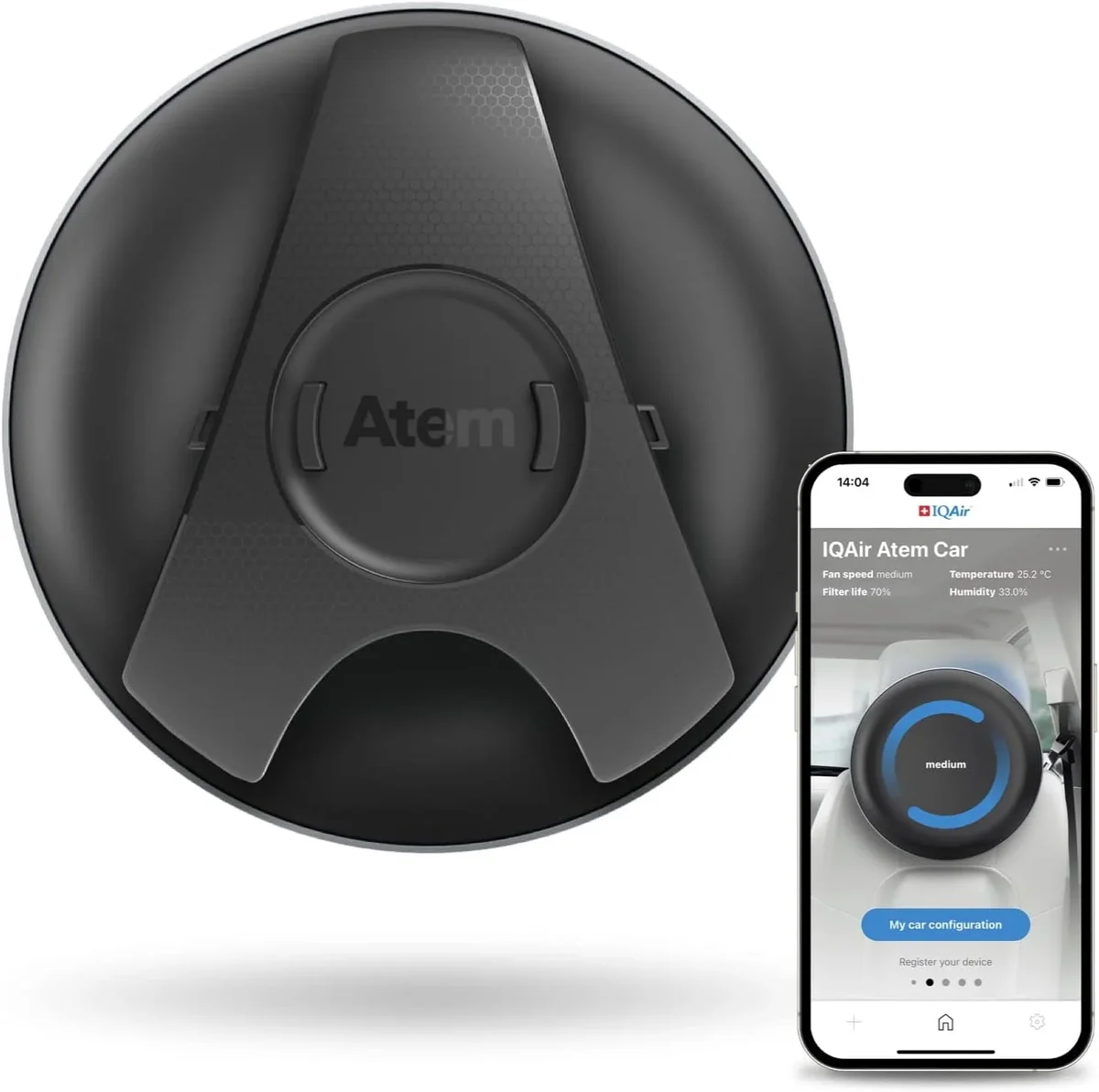 IQAir Atem Car Portable HEPA Air Purifier, Filters for Pollution, Odors, Gases, Car Fumes, and Asthma, Great for Travel or Daily Commute 7325