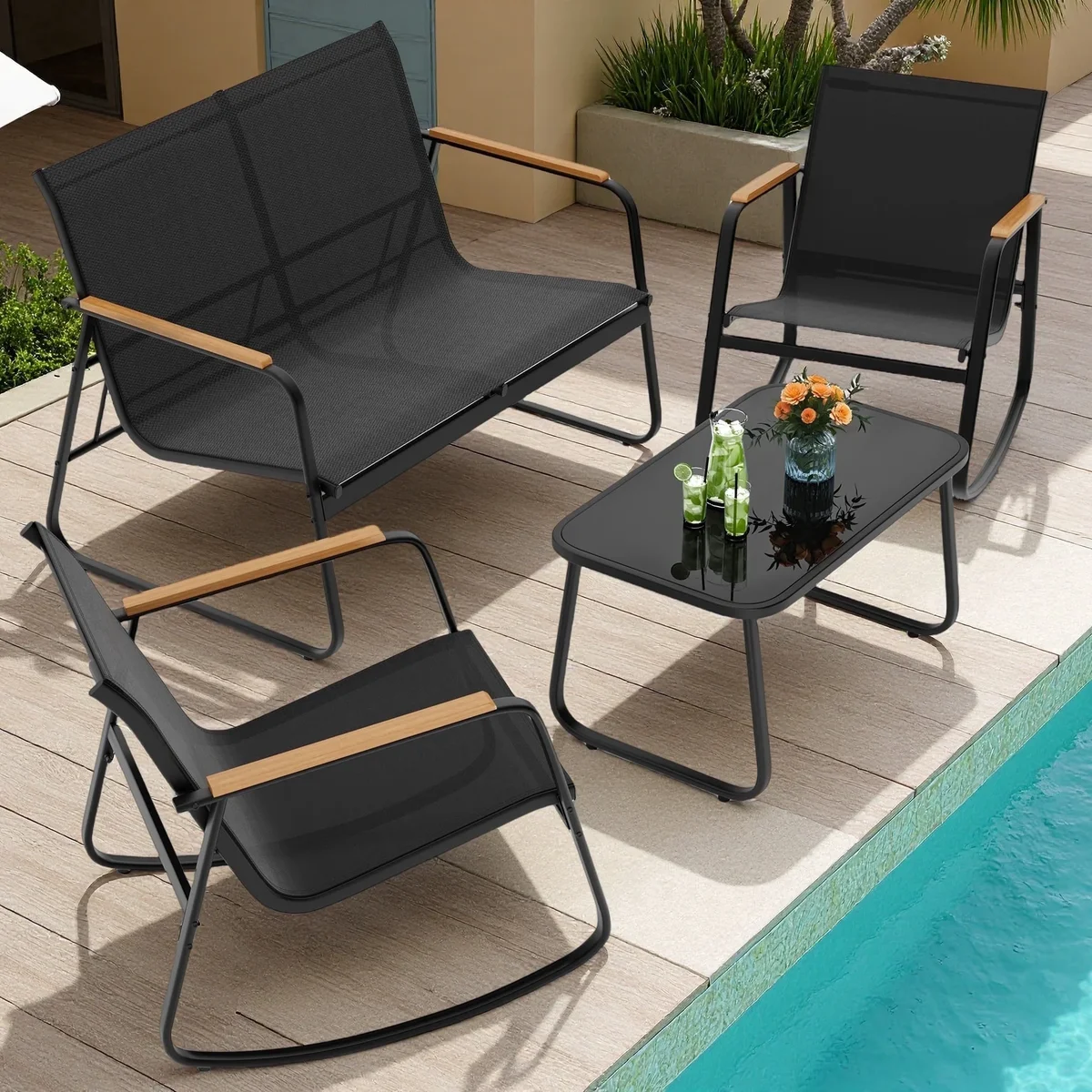 Lofka Patio Conversation Sets for 4, Lofka 4 Pieces Patio Furniture Sets with Rocking Bistro Fabric chairs, Garden Loveseat, Glass Coffee Table for Bac 9419