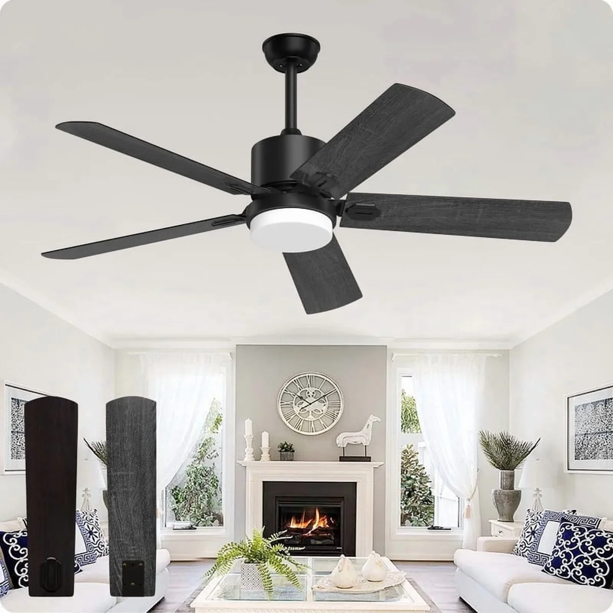 Zhanlang 52'' Ceiling Fan with Light and Remote Control, 6-Speed Reversible DC Motor, 5 Wood Fan Blades 0396