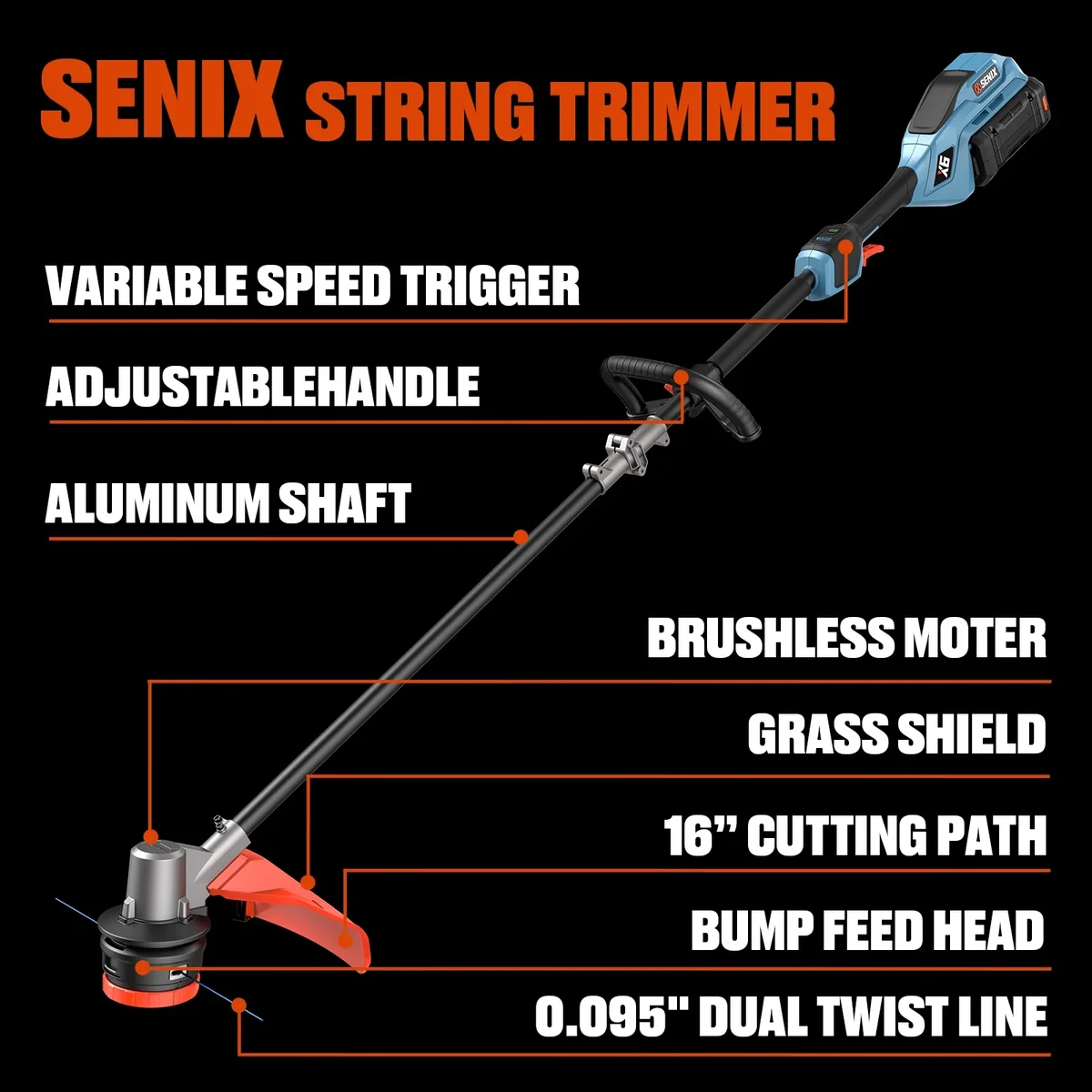SENIX 60V 16" Brushless Weed  Eaters, 7.5lb Variable Speed String Trimmer +  3Ah Battery & 3A Charger, GTX6-M 4965