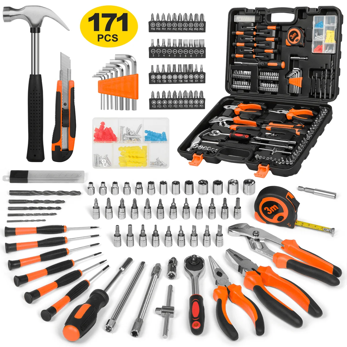 Cshidworld 171 Piece Household Tool Kit/Mechanics Tool Set, Socket Wrench Auto Repair Tool Combination Package 1/4" Ratchet Wrench, Hand Mechanic 2660