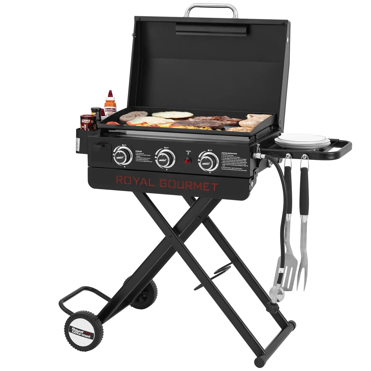 Royal Gourmet PD3001 23-Inch Portable 3-Burner Gas Griddle with Collapsible Stand, Portable Griddle with Side Shelf 5997