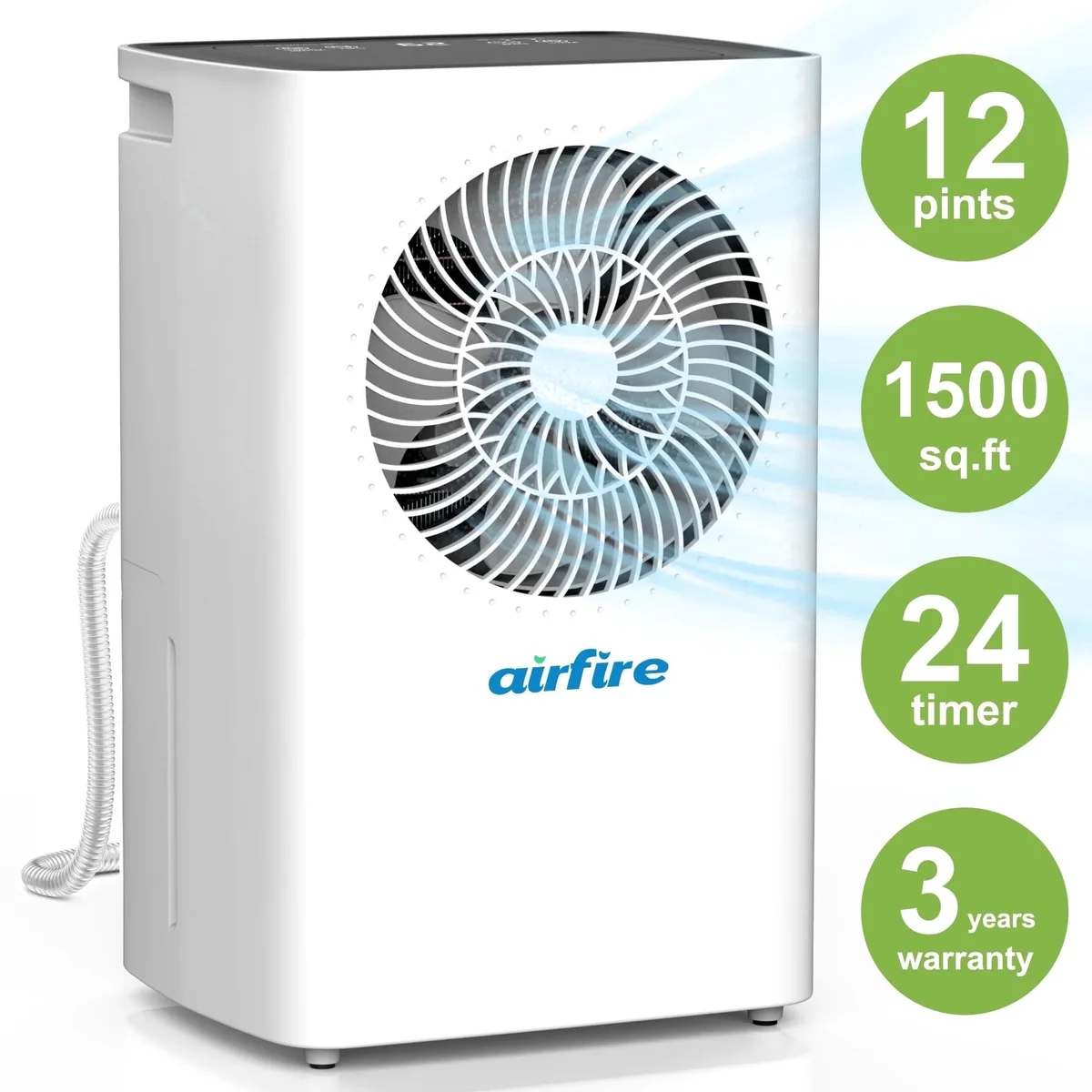 AIRFIRE 12 Pint Dehumidifiers, 1500 Sq.Ft Dehumidifier with Drain Hose, 0.59 Gal Water Tank, Overflow Protection, Dehumidifiers for Home Basement 0340