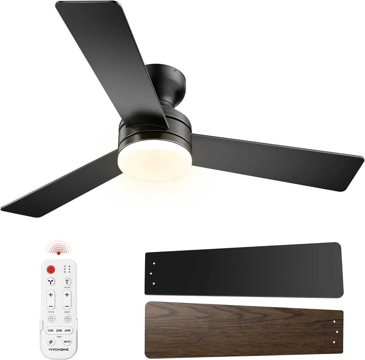 SPECSTAR Ceiling Fans with Lights, 42 inch Low Profile Ceiling Fan with Light and Remote, Flush Mount Black Ceiling Fan for Bedroom, 6+1 Speeds,  9067