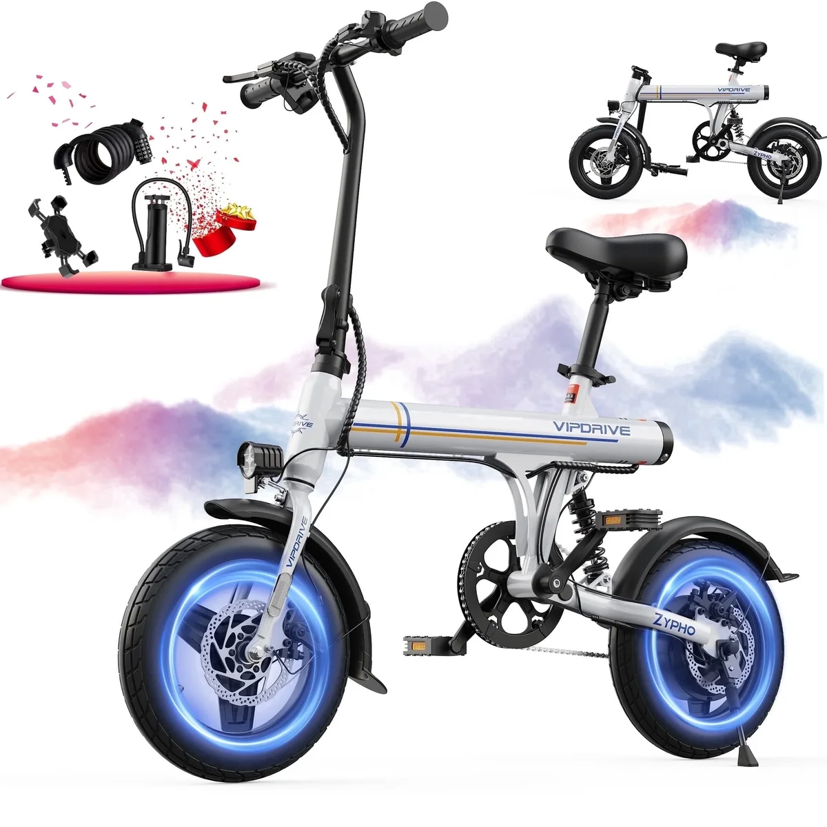 VIPDRIVE Electric Bike, 14" Folding EBike for Adults, 500W Peak Motor, 36V 7.8Ah Battery, 20MPH City Commuter E-Bike, Mini Ebike, LCD Display, UL 6917