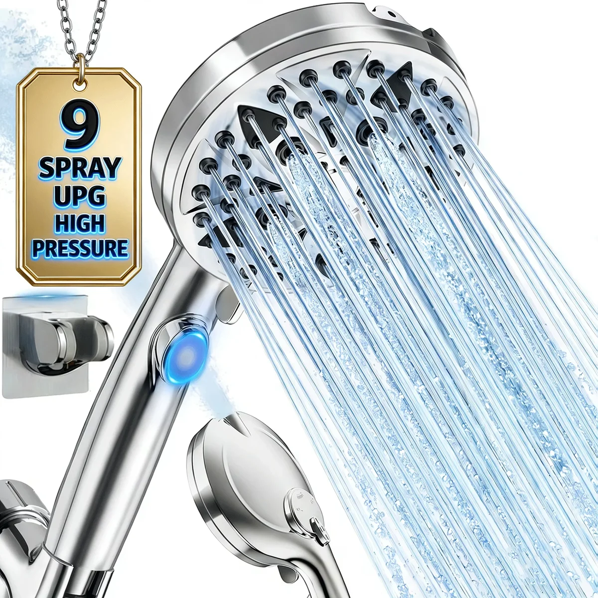 Camkey Shower Head, 9-Mode High Pressure Shower Head with Handheld & ON/Off Switch, Anti-clog Nozzles & Built-in Spray, With Stainless Steel Hose 1555