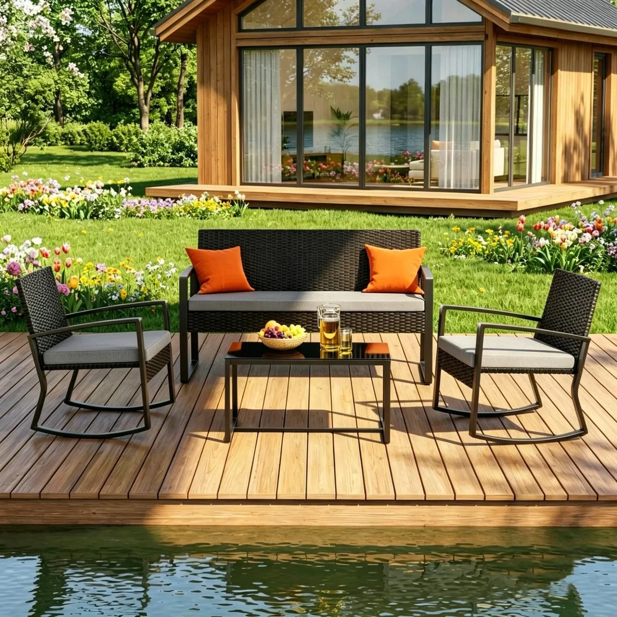Lofka Patio Furniture Set, Lofka 4 Pieces Outdoor Conversation Set with Rattan Wicker Rocking Chairs, Removable Cushions & Glass Table, Gray 9394