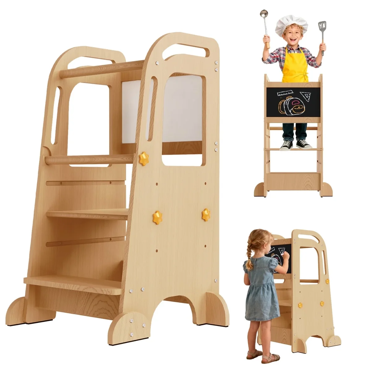 G TALECO GEAR Toddler Tower with Chalkboard, Toddler Kitchen Kids Step Stool Helper, Wooden Stool with Rounded Corner Protection Design, Nature 3291