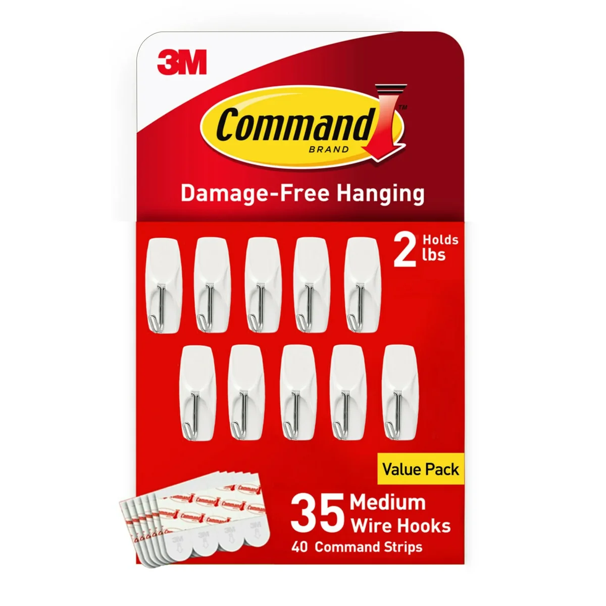 Command ® Medium Wire Hooks, 35 Hooks, 40 White Adhesive Strips, Damage Free Hanging Picture Hangers, No Tools Wall Hanging Strips For Living Spa 8224