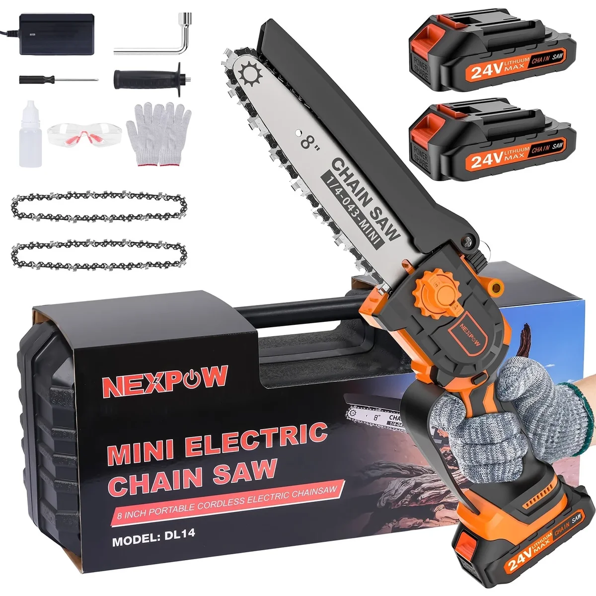 NEXPOW 8" Mini Chainsaw,24V Cordless Handheld Electric Power Chain saw with 2 Batteries & Chains for Wood Cutting & Tree Trimming (Orange) 3833