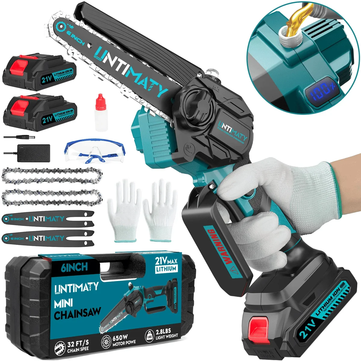 UNTIMATY 6 inch Cordless Mini Chainsaw with 2 Batteries Portable Handheld Electric Chain Saw for Tree Trimming and Wood Cutting, Blue 7952