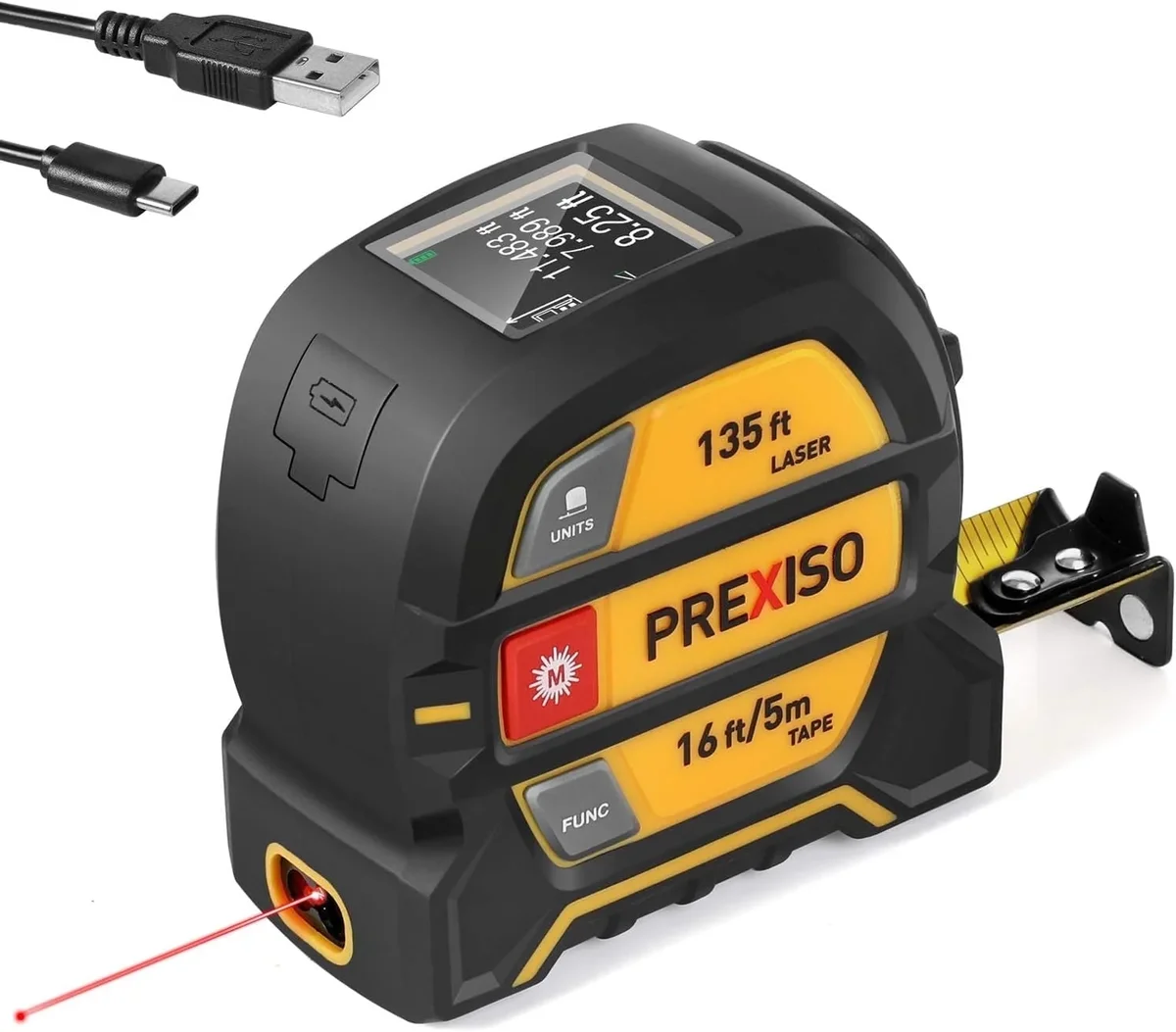 PREXISO 2-in-1 Laser Tape Measure, 135Ft Rechargeable Measurement Tool & 16Ft Measuring Movable Magnetic Hook - Pythagorean, Area, Volume, Ft/Ft+ 7426