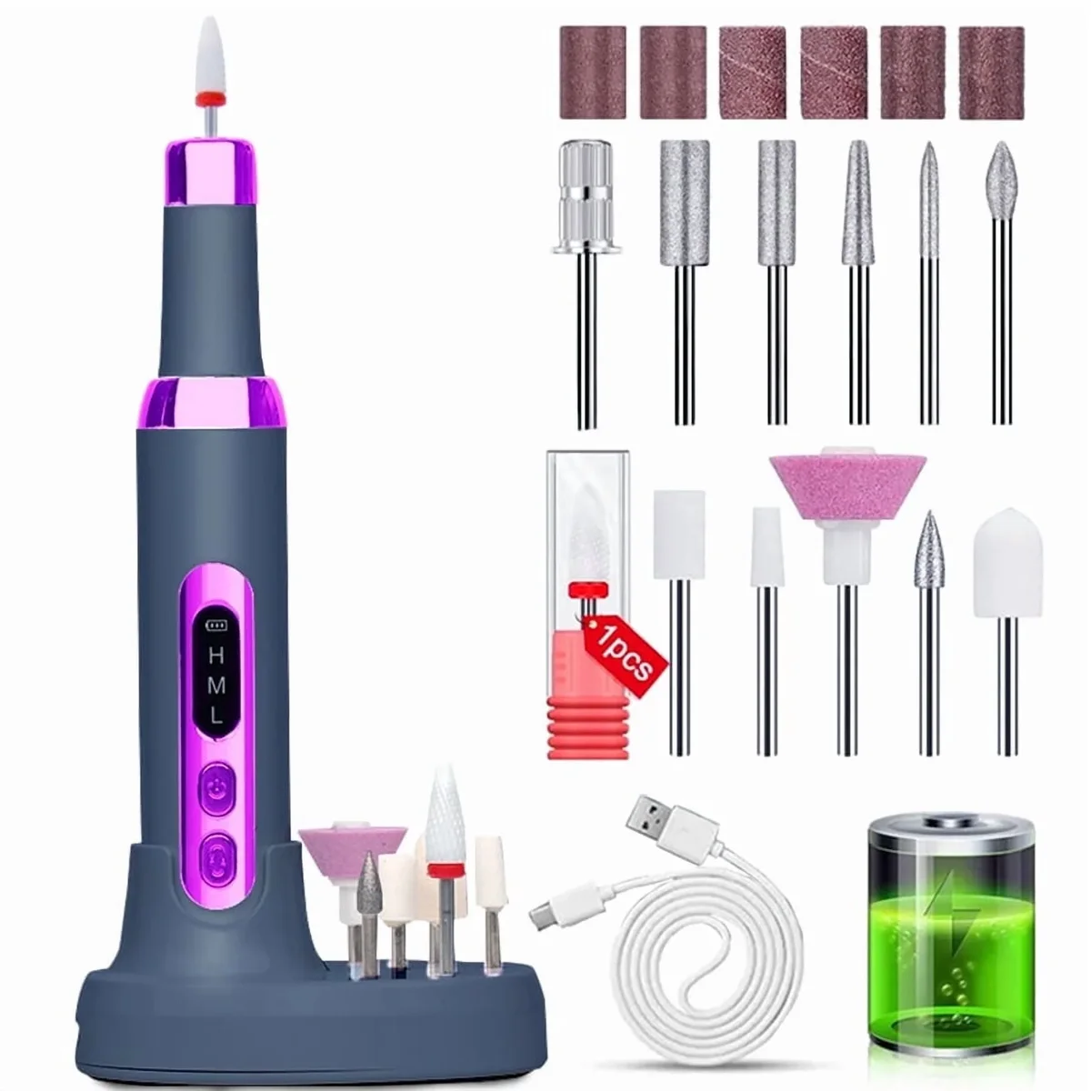 Doxiry Electric Nail Drill Kit,Cordless Nail Drill for Acrylic Nails with 12 Drill Bits & Wireless Charging Base,High Torque Doxiry for Acrylic Nail Rem 9345