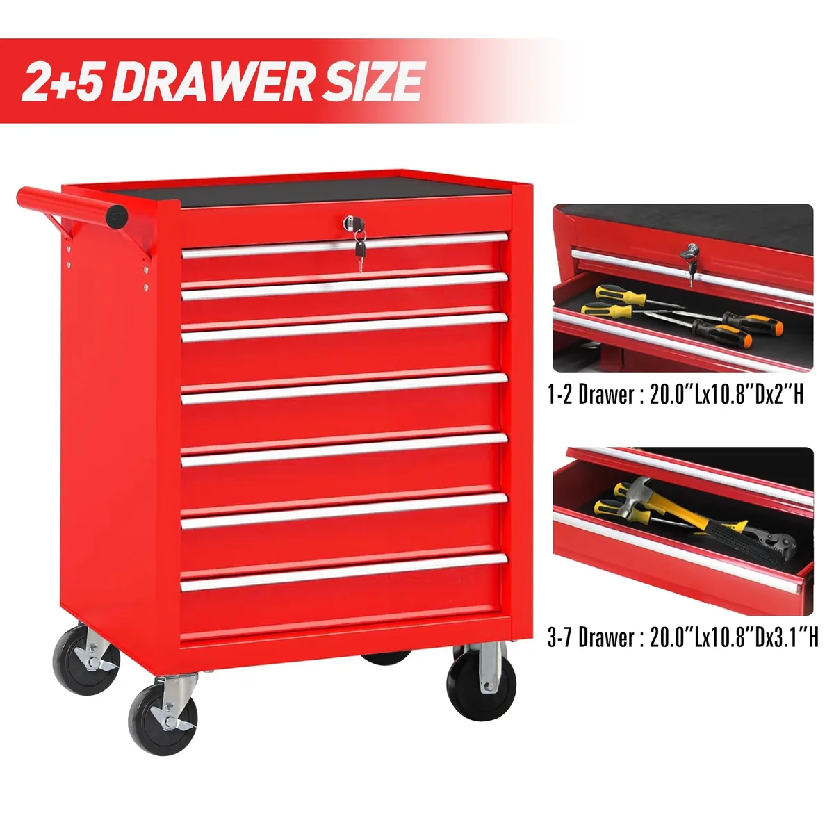 Seizeen Rolling Tool Chest on Wheels, Metal Tool Cart Toolbox Storage Cabinet Organizer W/ 7 Drawers, Red 7242