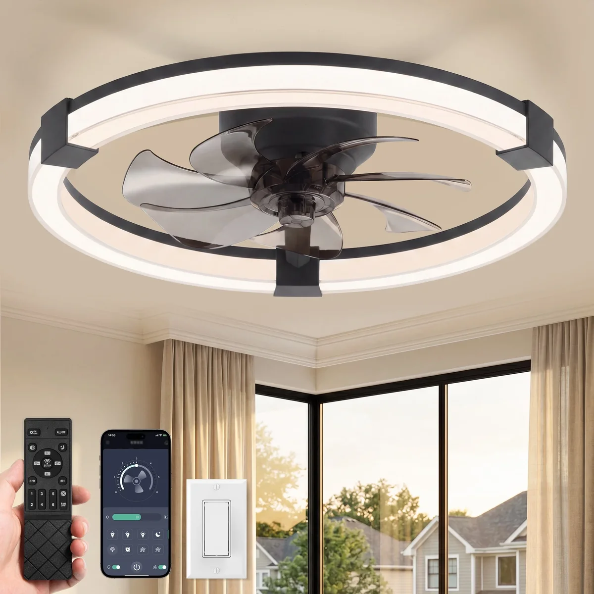 Lokivas 20in Ceiling Fan with Lights and Remote Control, Low Profile Ceiling Fan with 6 Speeds, Reversible DC Motor, for Bedroom, Living Room, Bl 2069