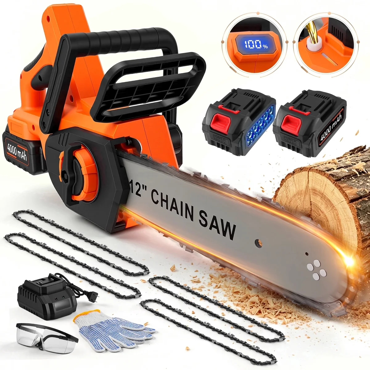Doulami 12" Chainsaw, Cordless battery Chainsaw with 2x 4.0Ah Batteries,Electric Chainsaw with 1200W Brushless Motor, Automatic Lubrication, Powe 0181
