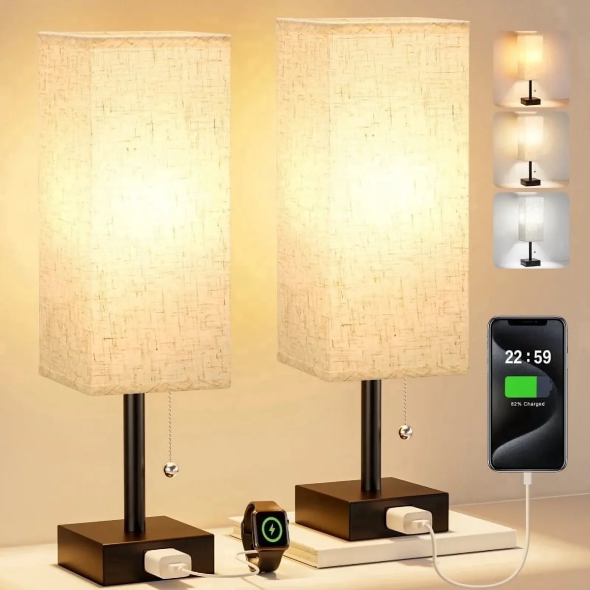 NiteLoom Bedside Table Lamps Set of 2 with AC Outlet, 3 Color Temperature Pull Chain Control, Modern White Nightstand Light for Bedroom, Office,  5589