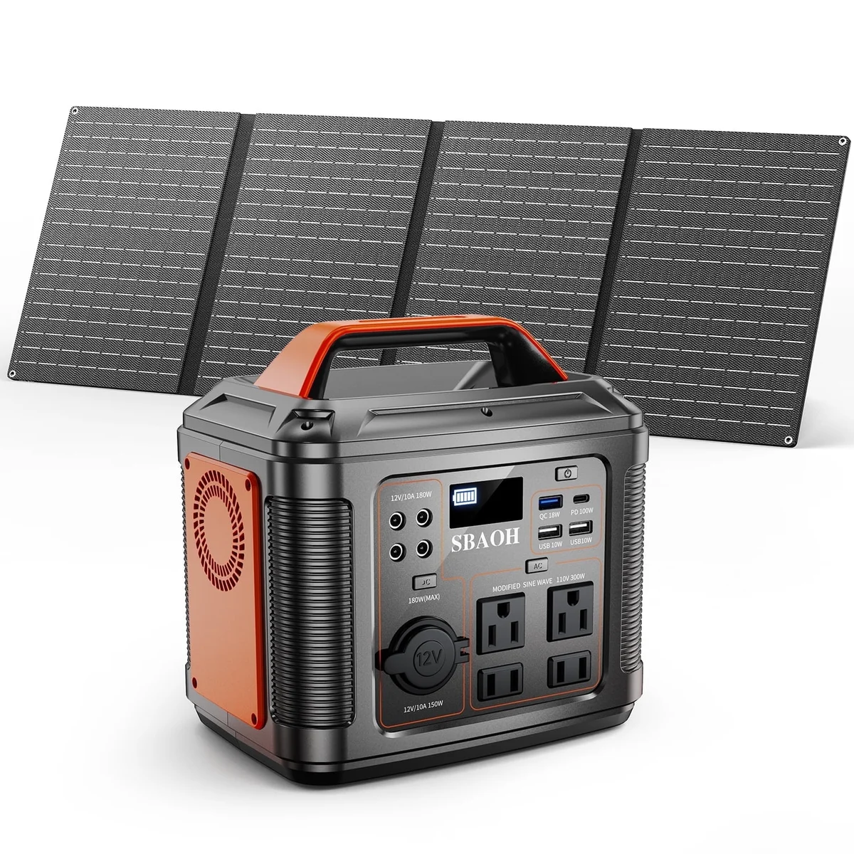SBAOH 300W Portable Power Station 296Wh 80000mAh Lithium Battery Outdoor Solar Generator Quick Charge 110V AC DC Ports for Home Backup Black(with Solar 9430